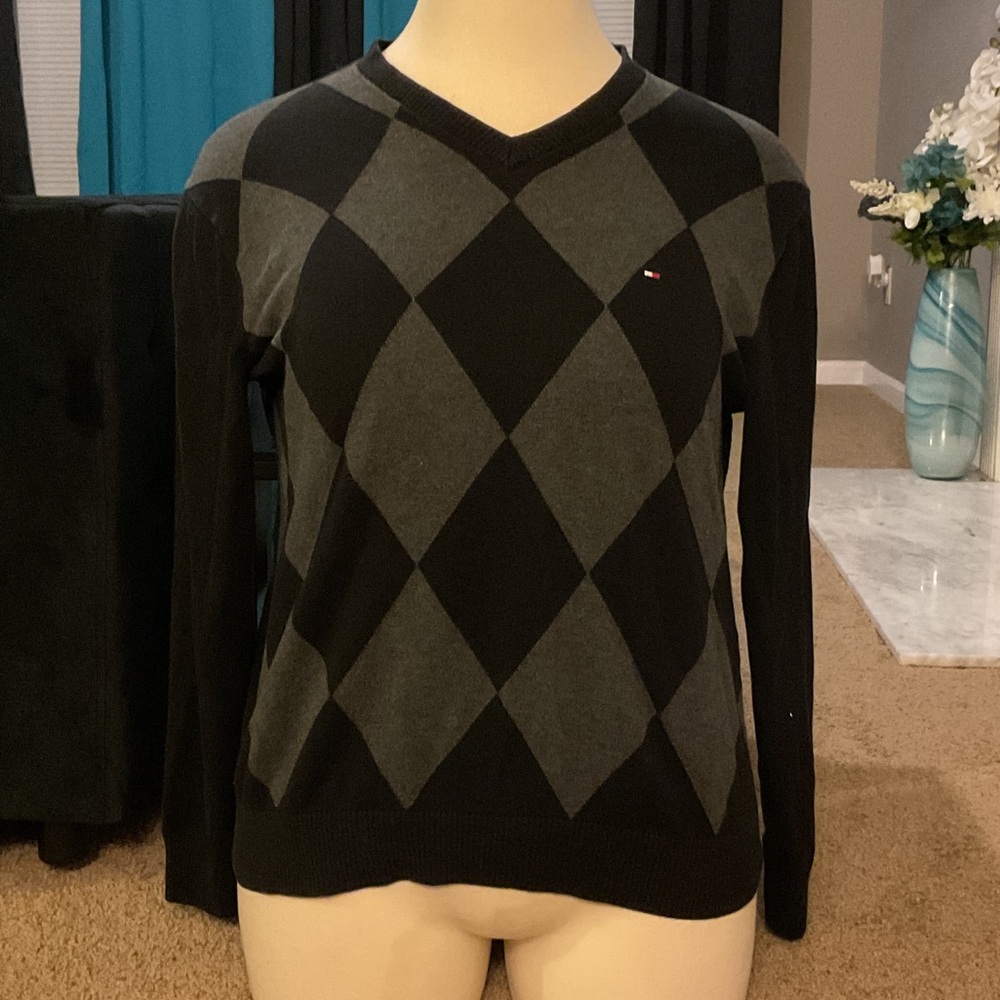 Tommy Hilfiger Black & Grey Argyle V-Neck Sweater